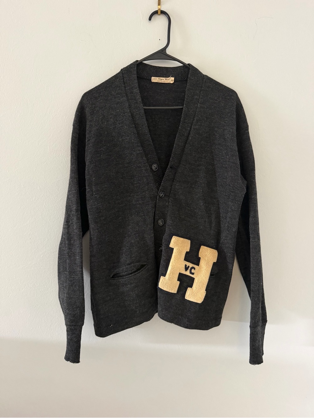 Vintage Wool Letterman Cardigan Sweater H Patch Gray Size 46 USA